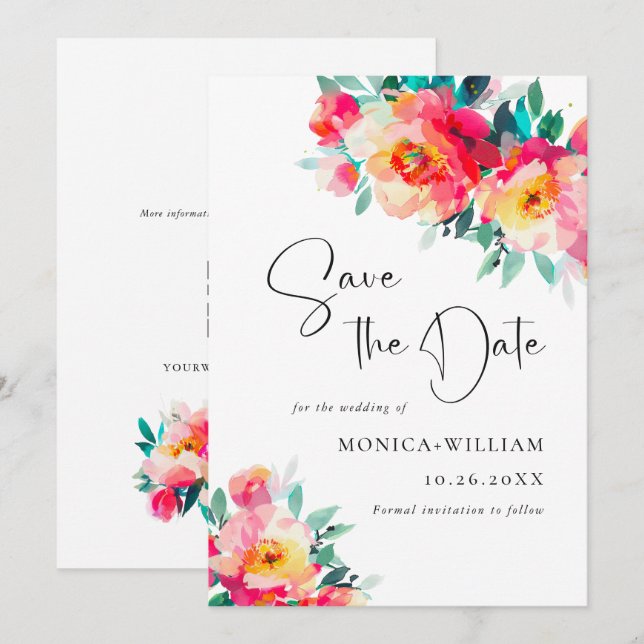 Reserve A Data Flores Rosa Brilhante Aquarela Casamento Casamento (Frente/Verso)