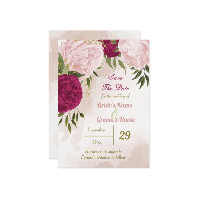 Reserve A Data flores rosa magenta folhas verdes (Frente/Verso In Situ)