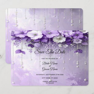 Reserve A Data Flores Roxas com Pérolas Pendentes Save The Date