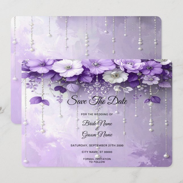 Reserve A Data Flores Roxas com Pérolas Pendentes Save The Date (Frente/Verso)