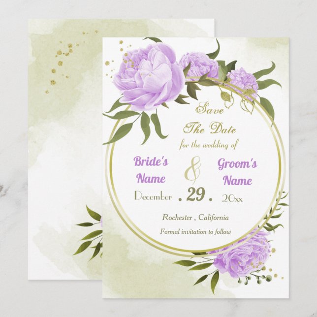 Reserve A Data flores roxas lindas folhas verdes coroa (Frente/Verso)