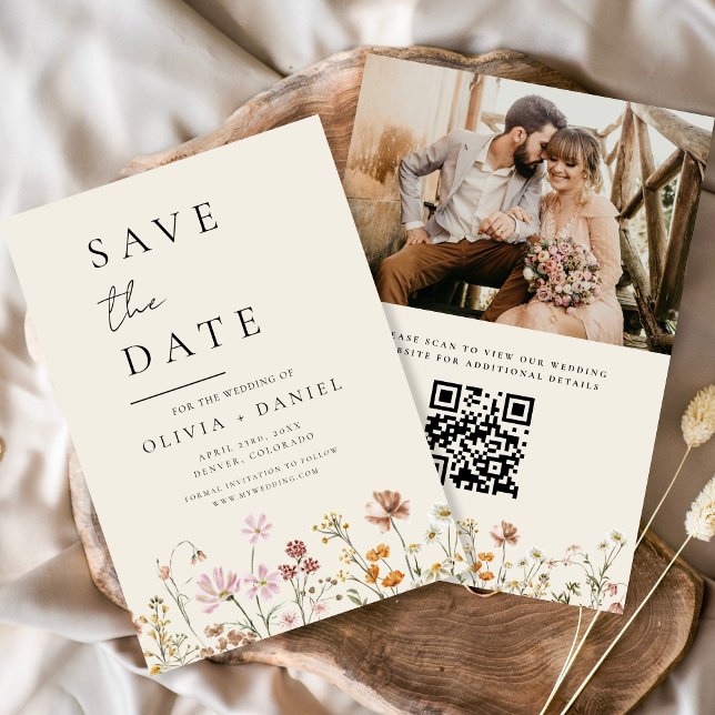Reserve A Data Flores Selvagens Foto em Bege Código QR Save the D (Criador carregado)