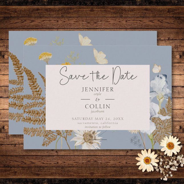 Reserve A Data Flores selvagens no Casamento Azul Dusty (Wildflowers on Dusty Blue Wedding Save The Date)