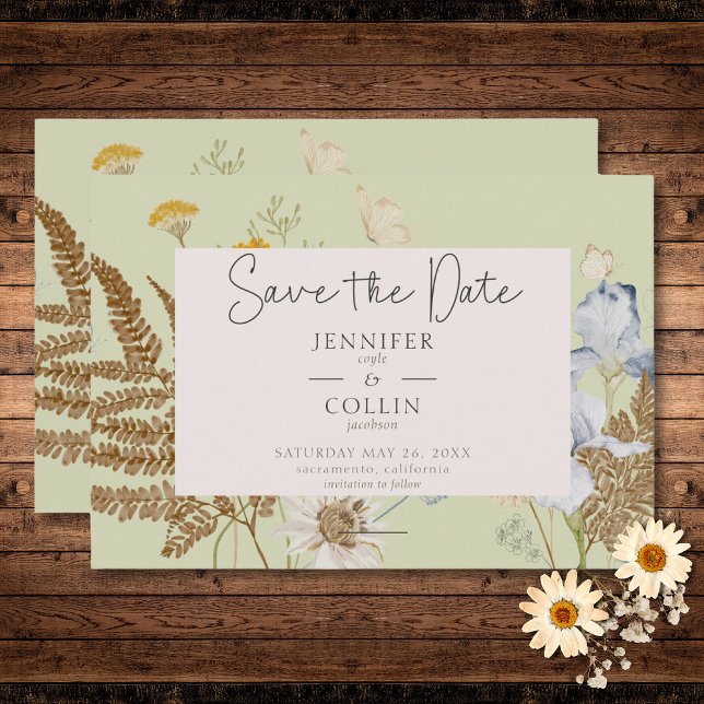 Reserve A Data Flores selvagens no Casamento de Sábio Claro (Wildflowers on Light Sage Wedding Save The Date)