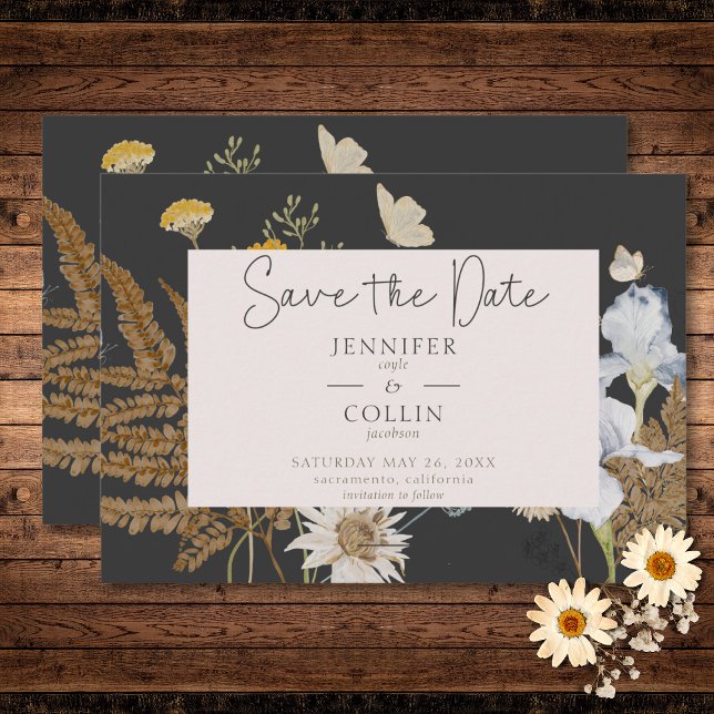 Reserve A Data Flores selvagens no Casamento do Carvão (Wildflowers on Charcoal Wedding Save The Date)