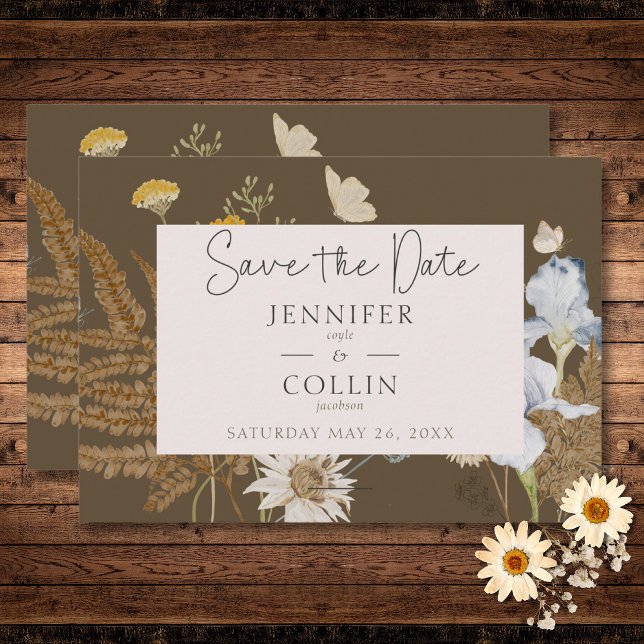 Reserve A Data Flores selvagens no Casamento Marrom (Wildflowers on Brown Wedding Save The Date)