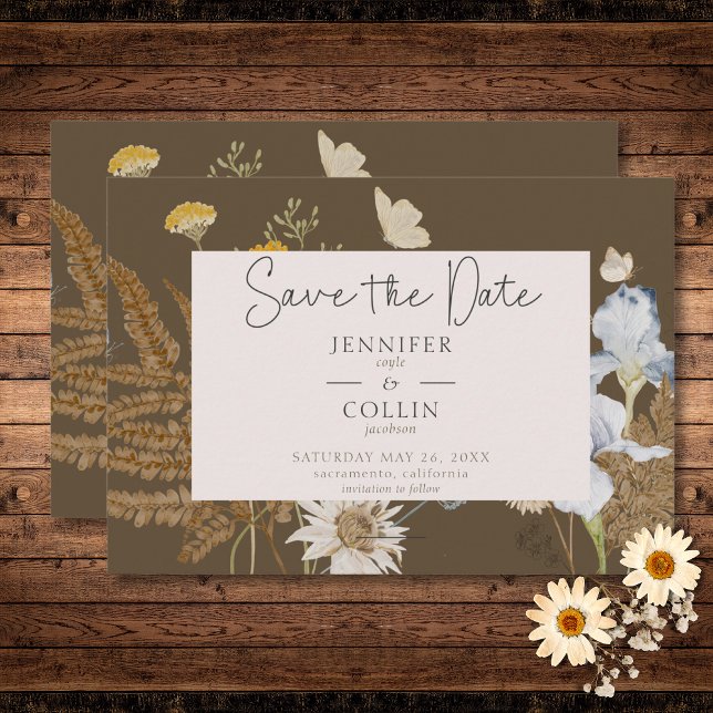Reserve A Data Flores selvagens no Casamento Marrom (Wildflowers on Brown Wedding Save The Date)