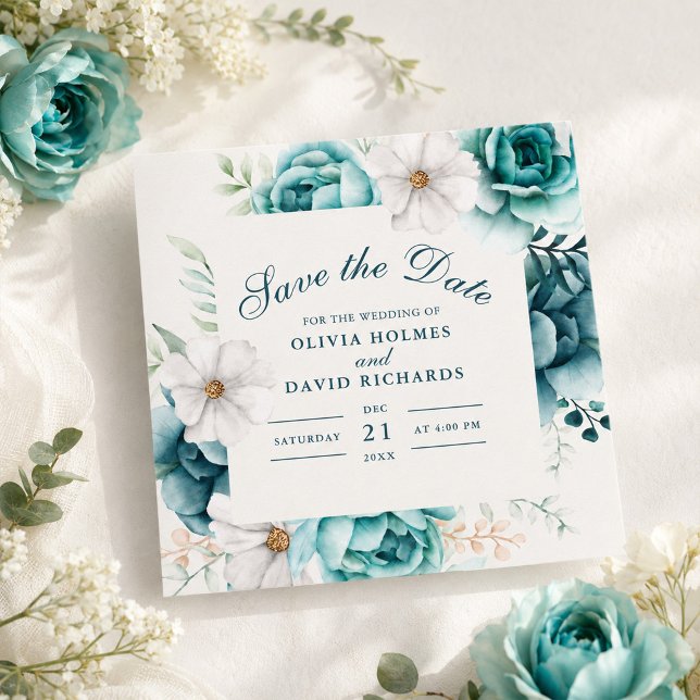 Reserve A Data Flores Selvagens Teais e Esbranquiçadas Salvem o C (Teal Wildflower Save the Date | Boho Floral)