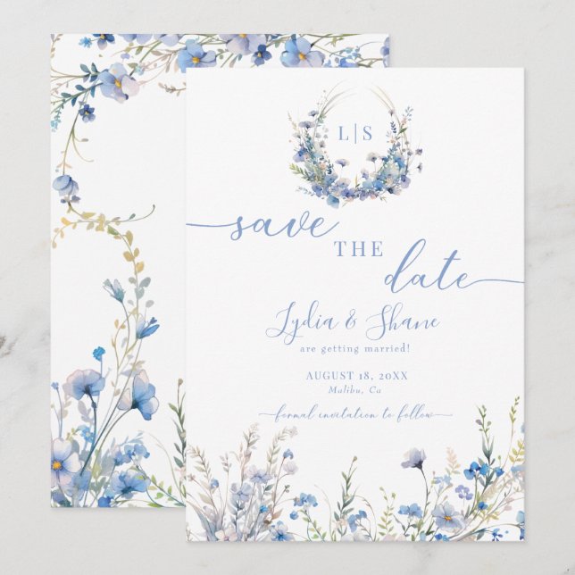 Reserve A Data Flores Silvestres Azuis Modernas (Frente/Verso)