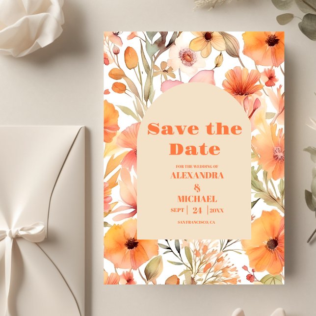 Reserve A Data Flores Silvestres Laranja Rosa Aquarela Casamento (Criador carregado)