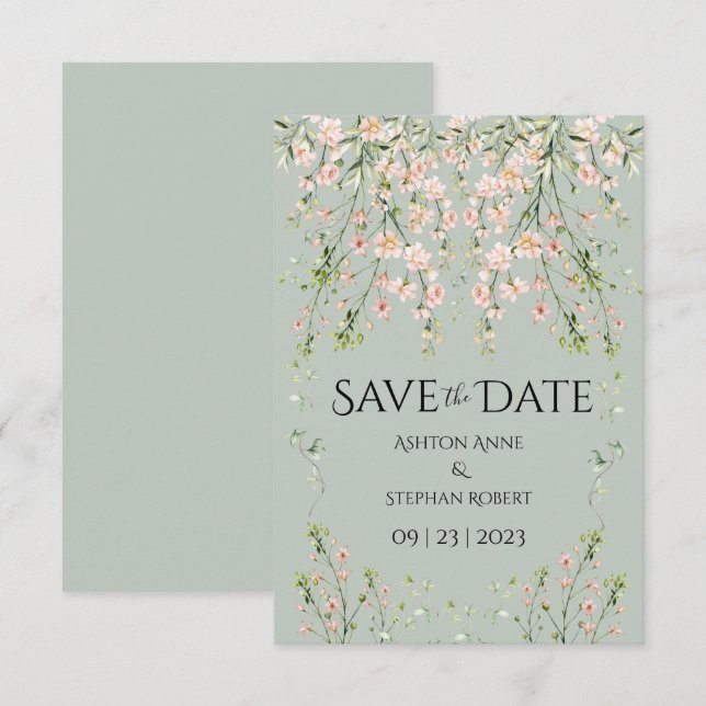 Reserve A Data Flores Silvestres Rosa Bege Casamento Verde Sage (Frente/Verso)