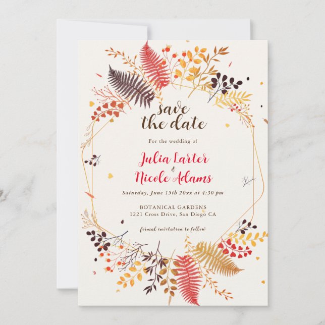 Reserve A Data Flores Silvestres Samambaia Folhagem Casamento (Frente)