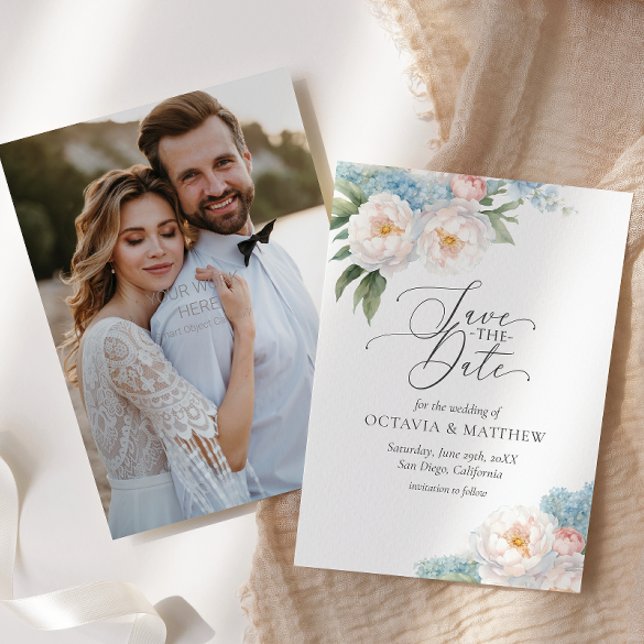 Reserve A Data Flores Suaves Azuis e Rosa Script PHOTO WEDDING (Criador carregado)