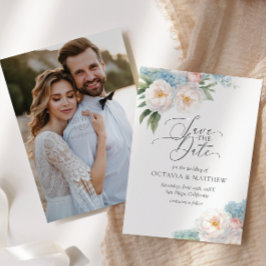 Reserve A Data Flores Suaves Azuis e Rosa Script PHOTO WEDDING
