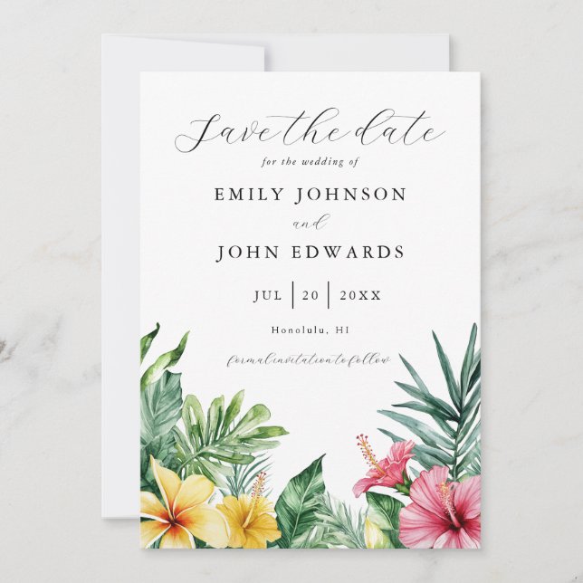 Reserve A Data Flores Tropicais Aquarela Vegetação Casamento (Frente)