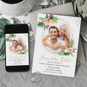 Reserve A Data Flores Tropicais Foto Geométrica Dourada