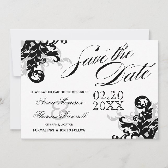 Reserve A Data Florescer Preto e Prata Salve a Data (Frente)