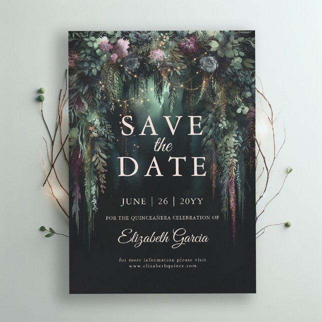 Reserve A Data Floresta Encantada Arco Conto de Fadas Verde Quinc (quinceanera save the date invitation enchanted forest quince magical fairy tale botanical emerald)