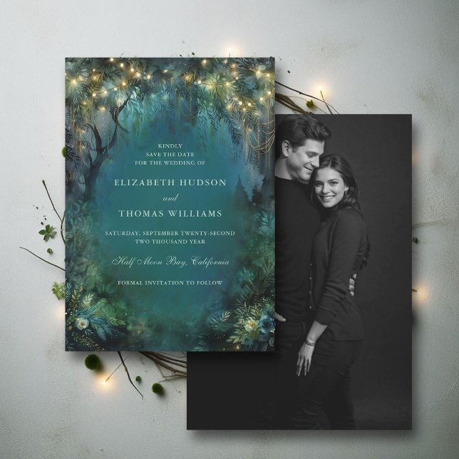 Reserve A Data Floresta Encantada Fada Foto Casamento Bosque (enchanted forest woodland wedding save the date card emerald gold magic fairy tale photo)