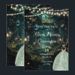 Reserve A Data Floresta Encantada Vestido Verde Quinceañera<br><div class="desc">Personalize esse encantador aniversário de Quinceañera / Sweet 16, salve a data fácil e rapidamente. Basta clicar no botão Editar usando ferramentas de Design para editar ainda mais o texto, alterar estilos de fonte e cores de fonte. Apresentando uma garota vestida de bonito vestido verde sábio e um fundo florestal...</div>