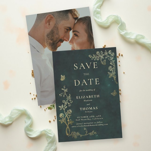 Reserve A Data Floresta Esmeralda Verde Fada Núcleo Mágico Casame (fairycore woodland enchanted forest emerald green faux gold wedding save the date card roses wild)