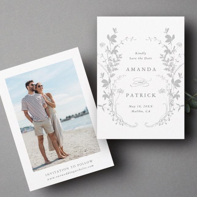 Reserve A Data Florestas Silhouette Wreath Cinza Foto de Casament (Front & Back)