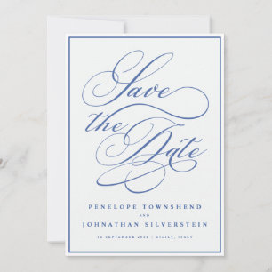 Reserve A Data Flourish Caligrafia Casamento Azul Branco Minimal