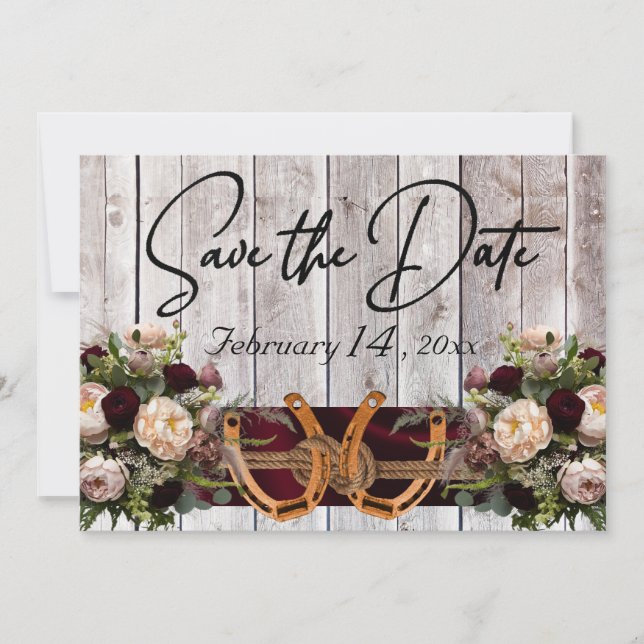 Reserve A Data Flowers & Horseshoes, Burgundy Ribbon Wedding (Frente)