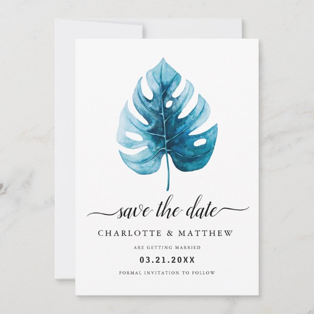 Reserve A Data Folha de Monstera Tropical Simples Moderna em Aqua (Frente)