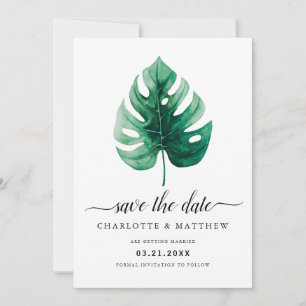 Reserve A Data Folha de Monstera Verde em Aquarela Tropical Moder