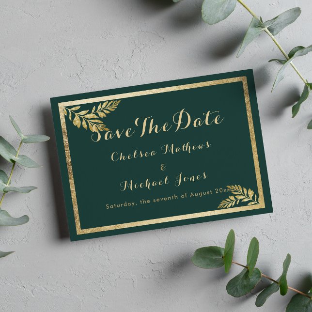 Reserve A Data Folha de ouro verde da floresta Elegante Salvar a  (Elegant forest green golden leaf Save The Date)