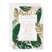 Folha verde tropical ouro salva a data do casament