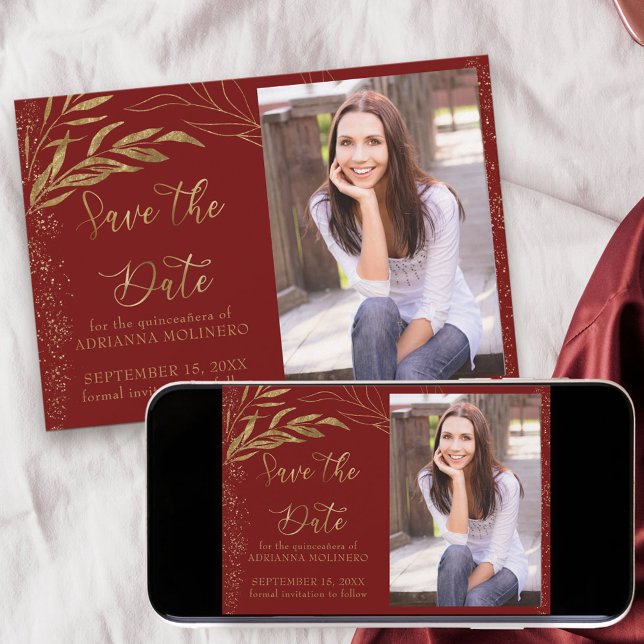 Reserve A Data Folha vermelha e Dourada com caligrafia e foto (Quinceanera save the date with photo in red and gold, from my Gold Leaf Collection
)