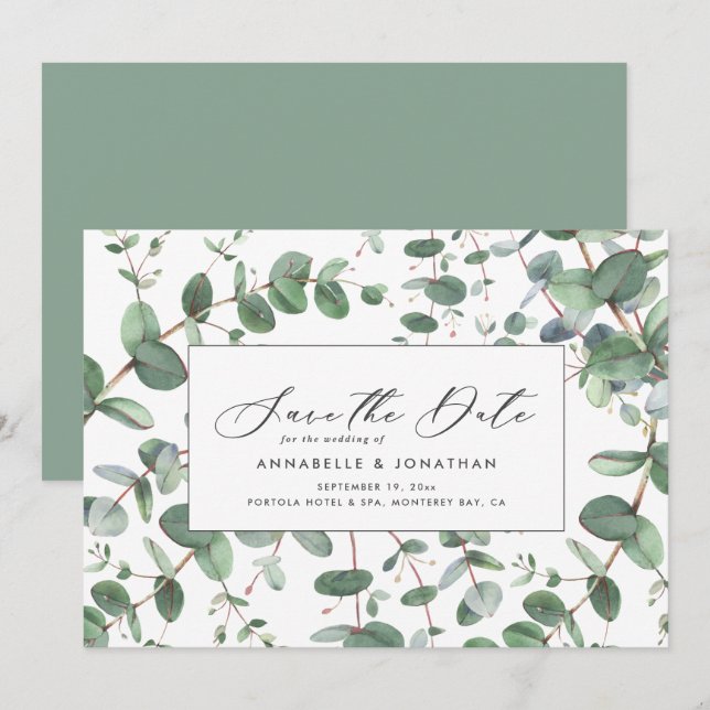Reserve A Data Folhagem botânica Eucalyptus verde-senada moderna (Frente/Verso)