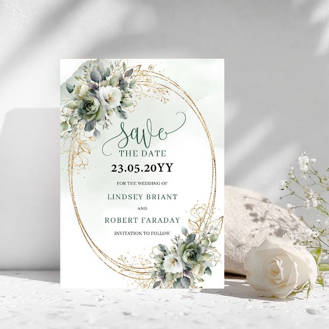 Reserve A Data Folhagem Botânica Verde Empoeirada Salve a Data (Dusty Green Botanical Foliage Save The Date)