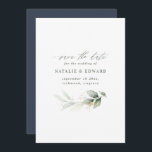 Reserve A Data Folhagem de aquarela e casamento de ouro metálico<br><div class="desc">Folhagem de cor d'água e efeito de ouro metálico,  casamento,  exceto o convite para data. Com lindos detalhes de aquarela. Este convite de casamento moderno certamente define o estilo para o seu grande dia.</div>