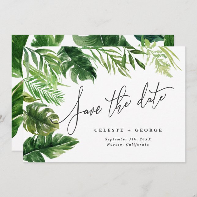 Reserve A Data Folhagem floral em aquarela tropical salvar a data (Frente/Verso)