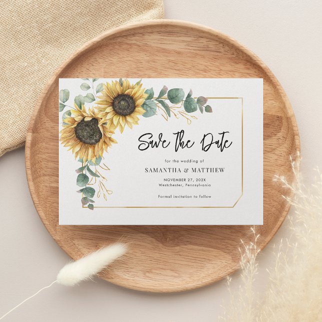 Reserve A Data Folhagem Floral Greenery Girassol (Sunflower Save the Date Script Orleans Horizontal)