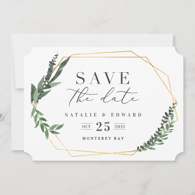 Reserve A Data folhagem geométrica dourada em aquarela (Frente)