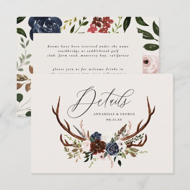 Reserve A Data Folhagem russa, detalhes do casamento floral e est (Frente/Verso)