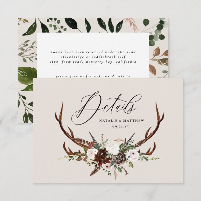 Reserve A Data Folhagem russa, detalhes do casamento floral e est (Frente/Verso)