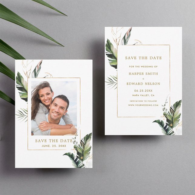 Reserve A Data Folhagem tropical Foto Dourada de casamento Salvar (Front & Back)