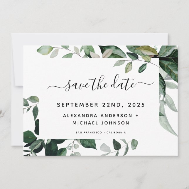 Reserve A Data Folhagem Verde Botânica Watercolor Casamento Save (Frente)