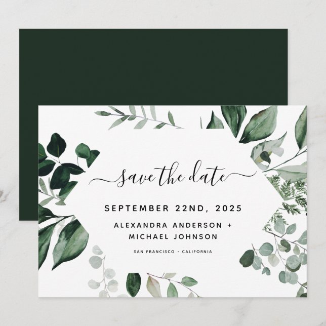 Reserve A Data Folhagem Verde Botânica Watercolor Casamento Save (Frente/Verso)