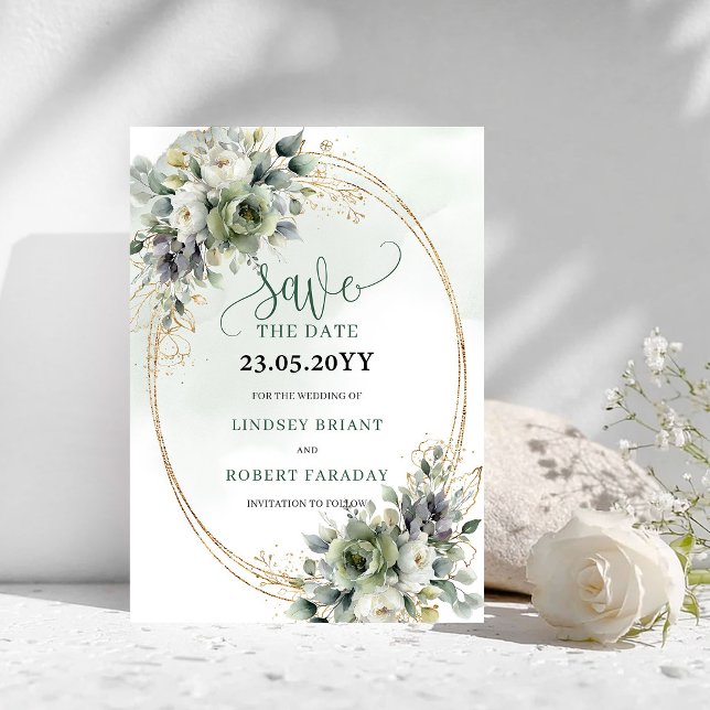 Reserve A Data Folhagem Verde Salvia Botânica Salve a Data (Sage Green Foliage Botanical Save The Date)