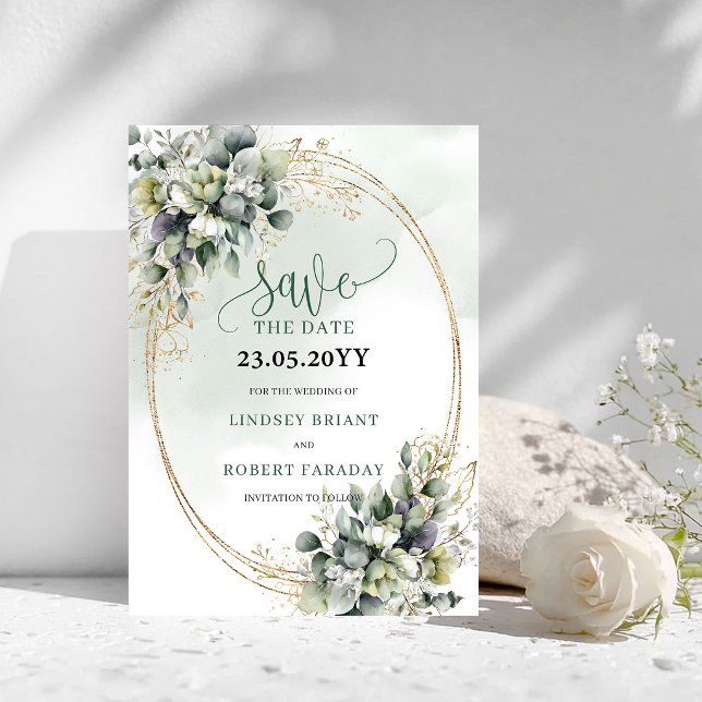 Reserve A Data Folhagem Verde Sálvia em Aquarela Salve a Data (Watercolor Sage Green Foliage Save The Date)