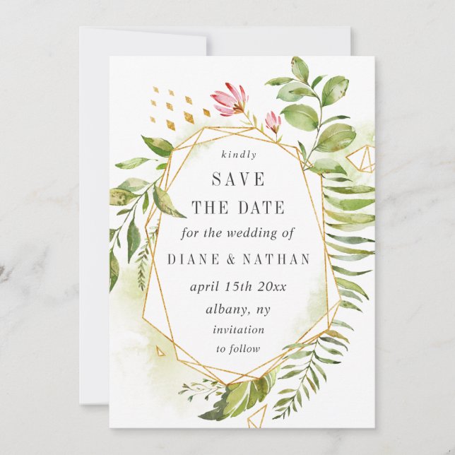 Reserve A Data Folhagem Verde Selvagem Floral de Aquarela Salvar  (Frente)
