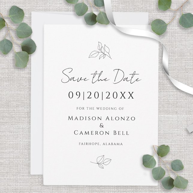 Reserve A Data Folhas Botânicas De Casamento Negro E Branco Elega (Elegant Black & White Wedding Botanical Leaves Save The Date)
