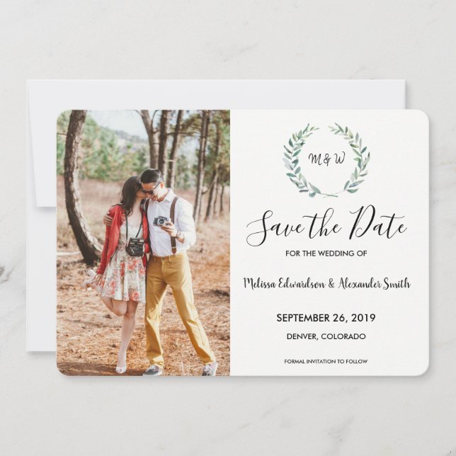 Reserve A Data Folhas de aquarela botânica, foto monogramada (Frente)