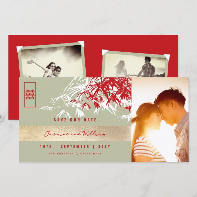 Reserve A Data Folhas de Bambu Vermelho Cinza Zen Foto Casamento  (Frente/Verso)